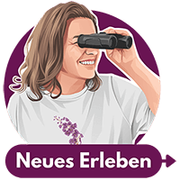 Logo der Online-Plattform neueserleben.at mit der Gründerin Barbara Pachner-Zinnauer und einem Fernglas.
