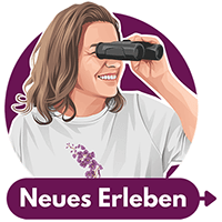 Logo der Online-Plattform neueserleben.at mit der Gründerin Barbara Pachner-Zinnauer und einem Fernglas.